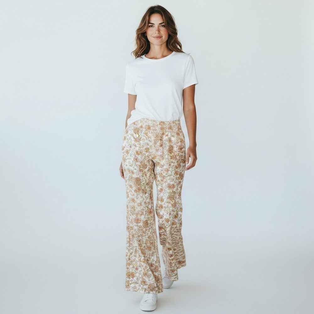 Billabong Floral Wide Leg Pants M Gold Pink Smocked Waist Crinkle Gauze Flare